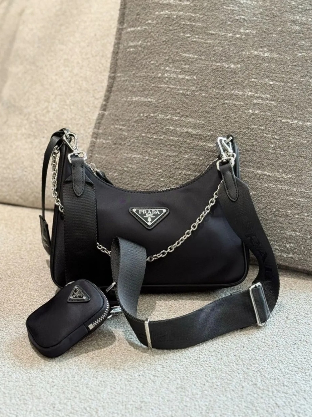 Black Nylon Shoulder Bag with Chain and Detachable Pouch